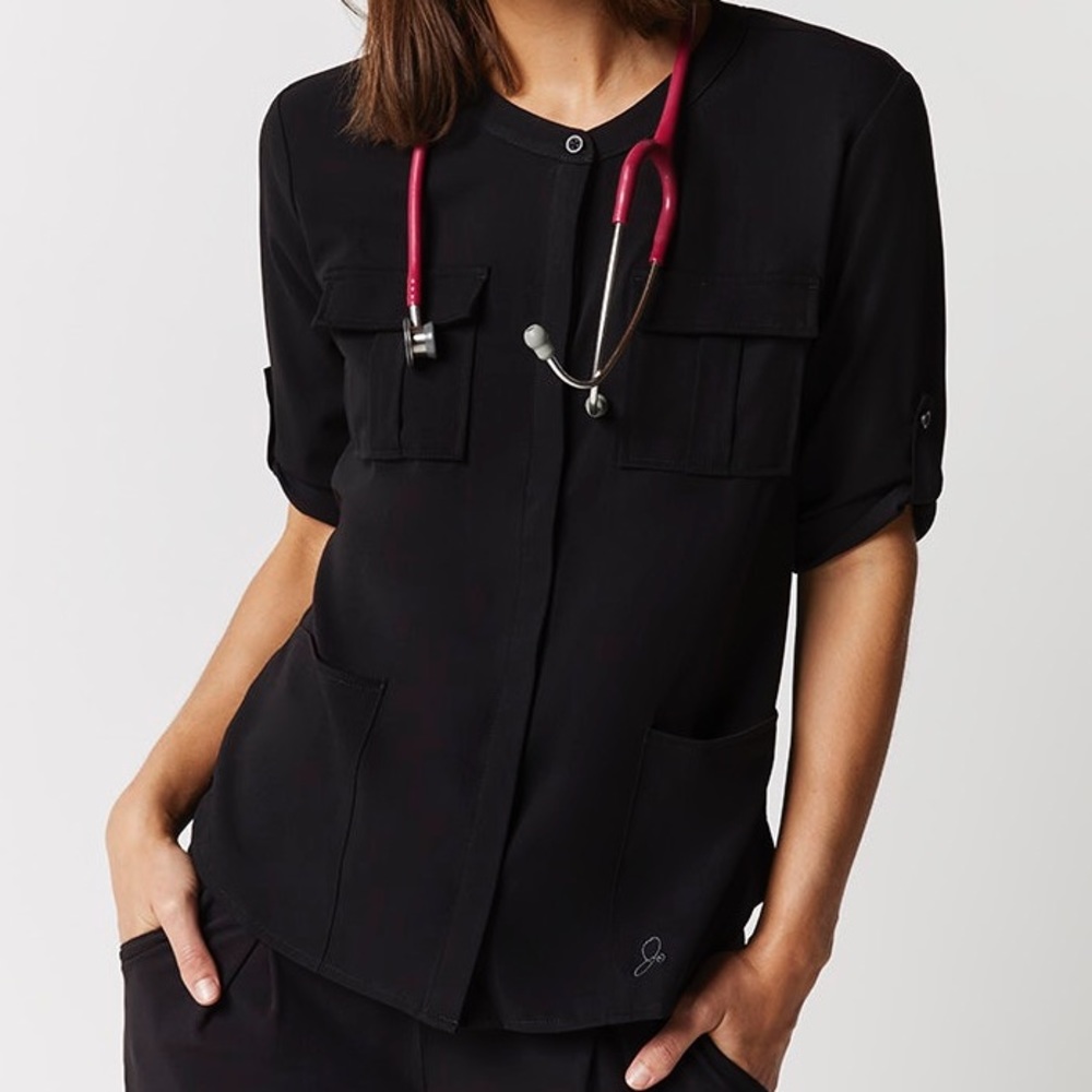 Jaanuu Cuffed sleeve button down top in black
